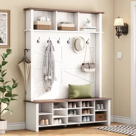 TiramisuBest Farmhouse Hall Tree with Bench, 6 Hooks, Adjustable Shelves & 16 Open Compartments - Entryway Organizer for Mudroom/Living Room (White) image {1}