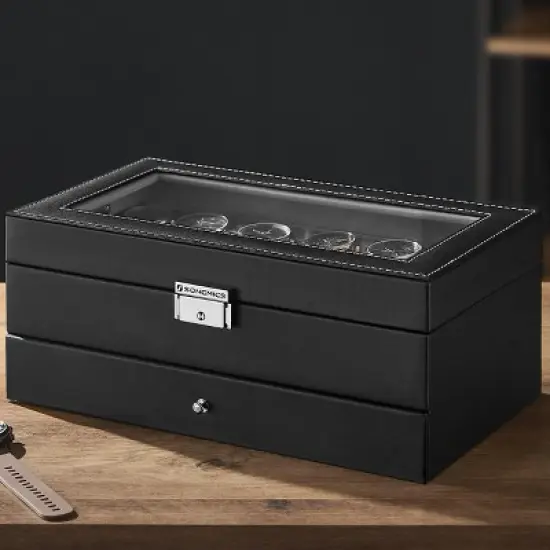 Elegant 12-Slot Watch Box, Lockable Case with Glass Lid, 2 Layers, 1 Drawer for Rings, Bracelets - Gift Idea in Black Synthetic Leather image {2}