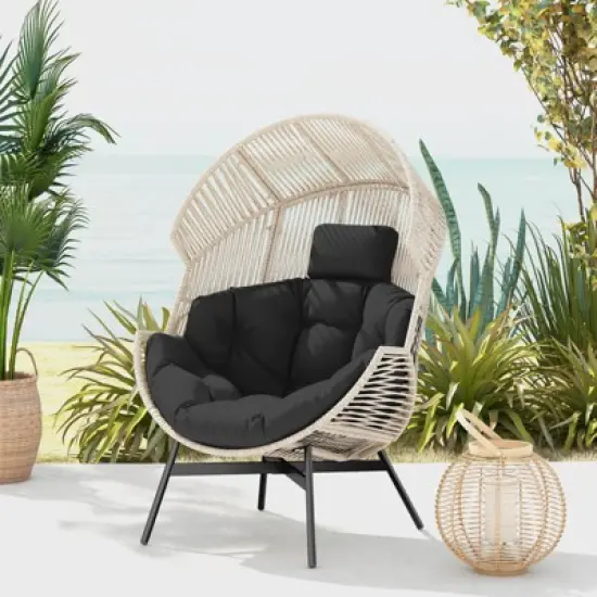 Costway Oversized Egg Style Chair with Cushions & Headrest Heavy-Duty Metal Frame for Yard Off White/Grey/Black image {9}