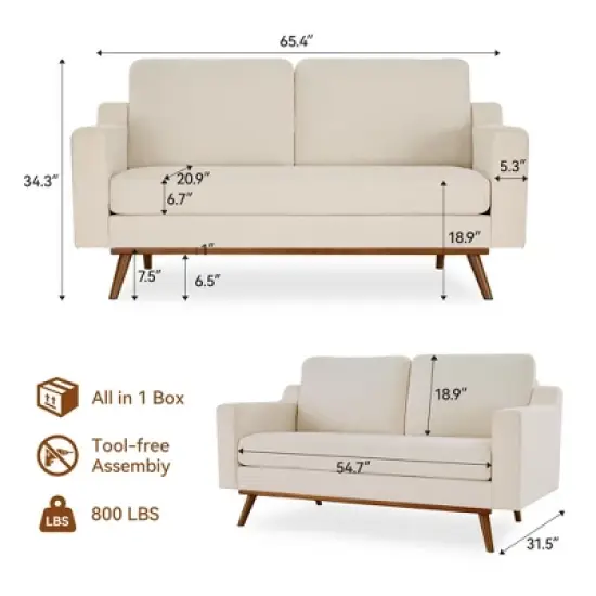 Dyonery 65.4" Comfy Loveseat Couches for Living Room Mid Century Modern Small Couch with Spring Cushion,Solid Wood Frame,Tool-Free Assembly image {1}