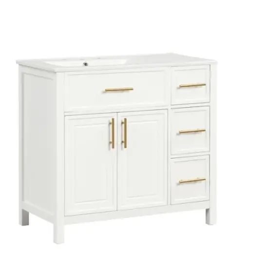 36" Bathroom Vanity with Sink Top, 2 Doors and 3 Drawers, Off White  4W - ModernLuxe image {3}