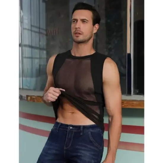 Men's Mesh Sheer Sport Tank Top See Through Sleeveless Tops Shirts for Nightclub Beach Tank Top Sleeveless Muscle Workout Crew Neck Tee Shirt image {2}