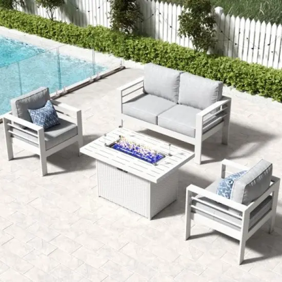 LayinSun Aluminum Furniture Set with Fire Pit Table, 4 Pieces Patio Sectional Conversation Chat Sofa Modern Seating Set image {9}