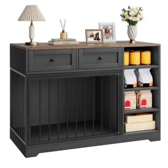 Dog Crate Furniture 47&rdquo;, Large Dog Crate TV Stand with 2 Drawers and 4 Shelves, Wooden Dog Kennel Indoor, Decorative Dog Cage with Storage image {6}