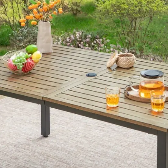 7pc Metal Patio Dining Set with Rectangular Faux Wood Table & 6 Stackable Chairs - Captiva Designs image {1}