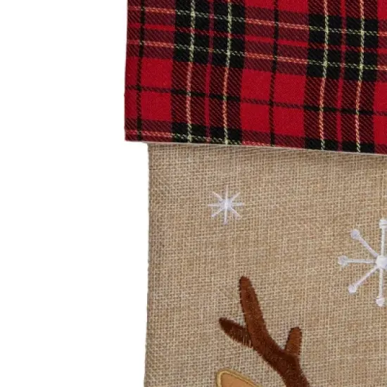 Northlight 19" Burlap Plaid Whimsical Reindeer Waiving Christmas Stocking image {3}