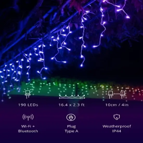 Twinkly Icicle App-Controlled LED Christmas Lights with 190 RGB (16 Million Colors) LEDs. Clear Wire. Indoor and Outdoor Smart Lighting Decoration image {6}