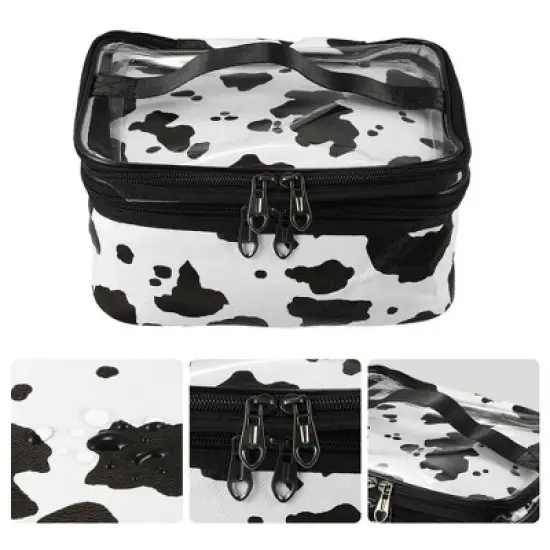 Unique Bargains Black White Double Layer Makeup Bag Cosmetic Travel Bag Case Large Makeup Bag Make Up Organizer Bag for Women Cows Texture 1 Pc image {2}