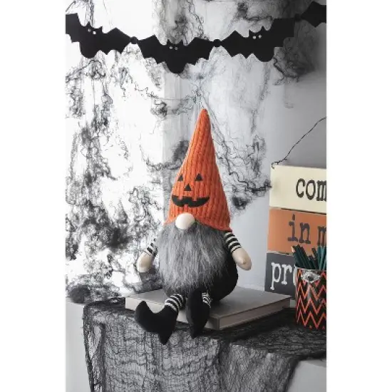 Gulches 8.3x4.7x23.5" Fabric Sitting Gnome with Orange Knit Hat, Halloween Decor image {2}