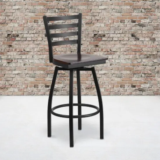 Emma and Oliver Black Ladder Back Swivel Metal Restaurant Dining Barstool image {1}