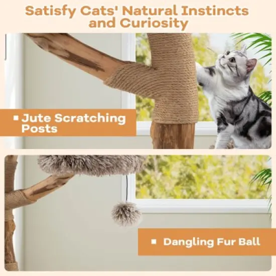 Costway Modern Cat Tree with Pear Wood Trunks Scratching Posts Soft Long Plush Fabric image {6}