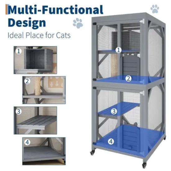 68 Inch Catio Outdoor Cat Enclosure On Wheels, with Waterproof Roof, Wooden Kitty House with Platforms, Upgraded Resting Box and Scratching Post image {4}