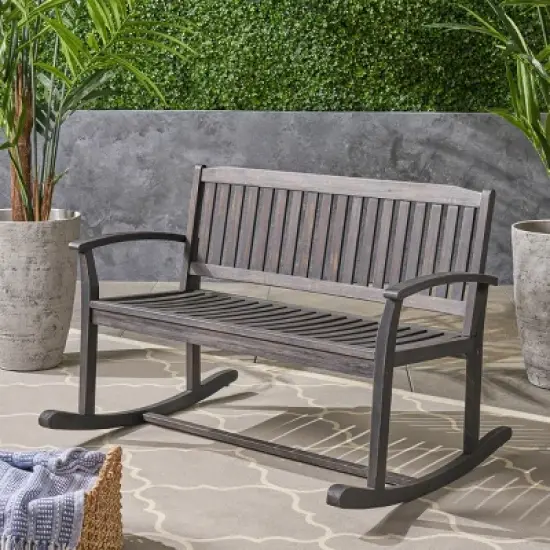 2-Seater Acacia Wood Rocking Loveseat with Smooth Motion,Rustic Outdoor Bench for Porch or Backyard-The Pop Home image {2}