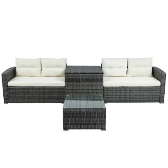4pc Wicker Patio Set with Large Storage Box & Cushions - Gray/Beige - GODEER image {1}