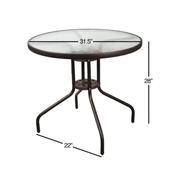Garden Elements Outdoor Dining Table Patio Furniture, Round Steel Base and Rim with Waterwave Glass Top, Brown 31.5" image {1}