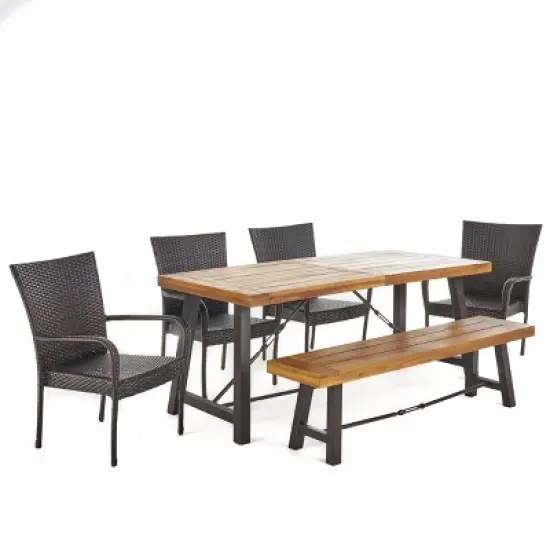 Salons 6pc Acacia & Wicker Dining Set - Teak/Brown - Christopher Knight Home image {1}