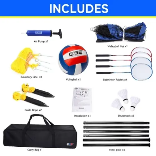 GSE Badminton/Volleyball Combo Set with Net, Volleyball with Pump, 4 Badminton Rackets, 3 Shuttlecocks & Carrying Bag (Portable/Professional) image {2}