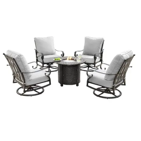 5pc Outdoor Dining Set with 34" Aluminum Round Basket Weave Design Fire Table, Deep Seating Swivel Rocking Chairs & Covers - Oakland Living image {1}