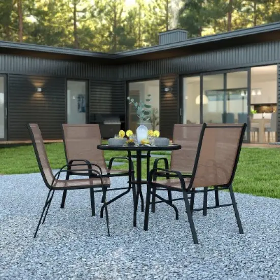 Emma and Oliver Five Piece Patio Table Set with Round Metal Table with Tempered Glass Top and 4 Flex Comfort Stacking Chairs image {1}