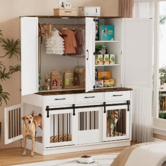 PAKASEPT 71" Tall Dog Crate Furniture, Indoor Dog Kennel with Wardrobe Closet, 46.5" W Dog Cage for Large/Medium Dogs, Wood Dog Crates with 3 Drawers image {8}