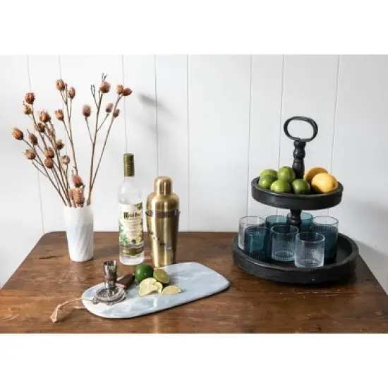 2 Tier 15" x 18.5" Distressed Wood Tray with Metal Handle Black - Storied Home image {2}