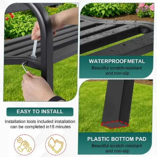 BestMassage Garden Bench 45 Inch Outdoor Bench with Comfortable Plastic Backrest and Armrests, Black image {2}