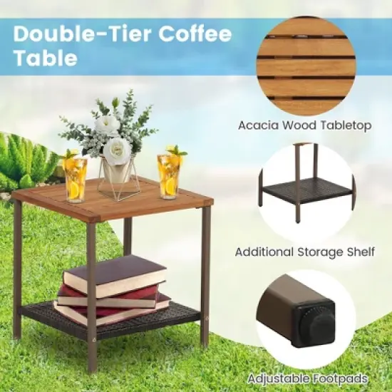 Tangkula 3PCS Patio Rattan Rocking Chair Bistro Set Armrest Cushion Table w/ Storage Shelf image {5}