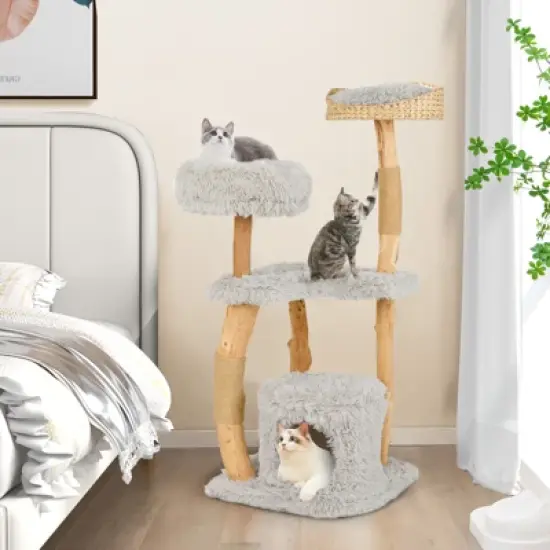 Tangkula 49" Tall Wooden Cat Tree Solid Wood Cat Tower w/ Jute Scratching Posts image {2}