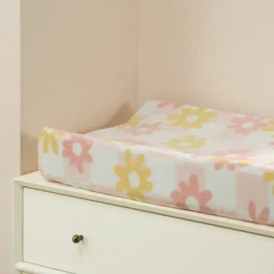 Lambs & Ivy Daisy Dreams Changing Pad Cover - Pink/White Checkered Soft Luxury image {3}