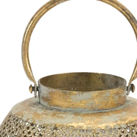 HomeRoots 6" Bronze And Green Distressed Lattice Metal Tabletop Lantern Candle Holder image {3}