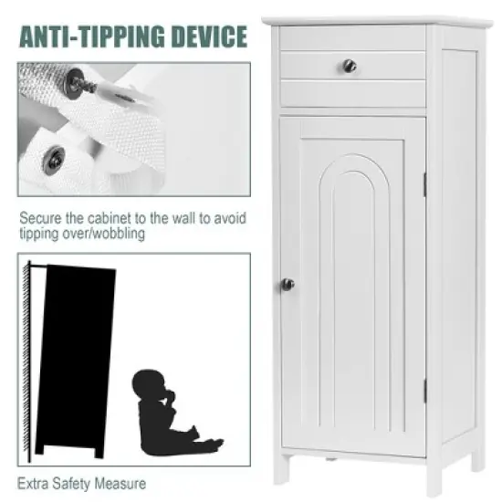 Costway Bathroom Floor Cabinet Wooden Storage Organizer Free-Standing w/ Drawer & Shelf image {6}