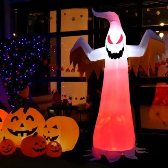 Tangkula 8 FT Halloween Inflatable White Ghost with Rotatable Flame LED Lights&Air blower Blow Up Halloween Decoration image {4}