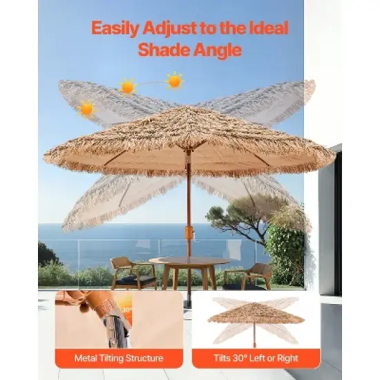 VEVOR Tiki Umbrella, 9 ft Thatched Patio Umbrella with Tilt, Hawaiian Style Beach Parasol with Durable PP Thatch and 8 Metal Ribs, Original Color image {3}