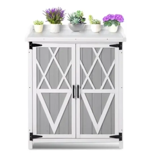Outdoor Storage Cabinet, Potting Bench - Waterproof Wooden Garden Work Station with Galvanized Tabletop, Adjustable Shelves for Backyard/Patio/Lawn image {7}
