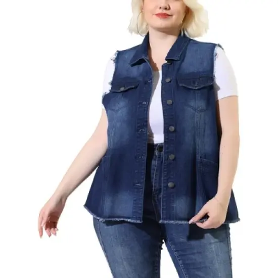 Agnes Orinda Women's Plus Size Denim Button Down Raw Hem Denim Vests image {15}
