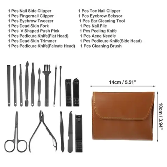 Unique Bargains Manicure Set with PU Leather Case Personal Care Tool Kits Stainless Steel Pedicure Set Black 16pcs image {1}