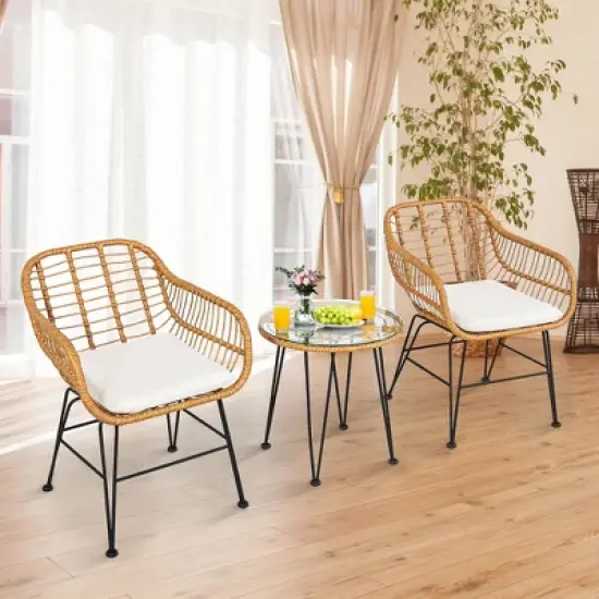 Costway 3PCS Patio Rattan Bistro Furniture Set Cushioned Chair Table image {2}