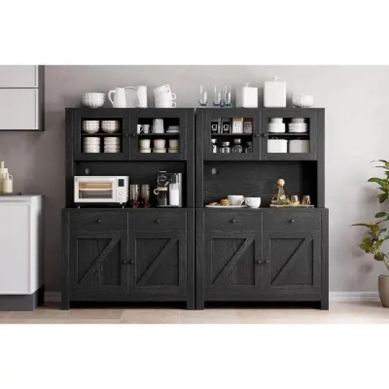 Kitchen Pantry Cabinet with Microwave Stand, Freestanding Hutch Cabinet with Buffet Cupboard,Black image {3}