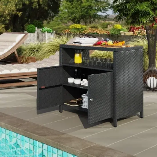 Outsunny Rattan Outdoor Storage Cabinet, Wicker Bar Table with Acacia Wood Countertop, Two Doors, Shelf, for Garden, Patio, Backyard image {4}