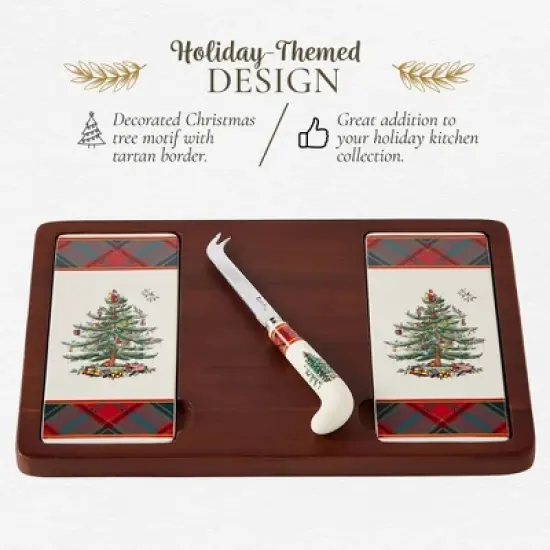 Spode Christmas Tree Cheese Board & Knife Set, Tartan Plaid - Holiday Entertaining, Charcuterie, Cheese and Cracker Tray, and Seasonal Serveware image {2}