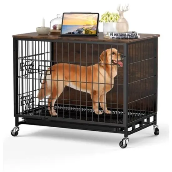 Whizmax Dog Crate Furniture, Wooden Dog Kennel with Removable Tray, Heavy-Duty Dog Cage End Side Table, Indoor Dog House for Large Dogs image {6}