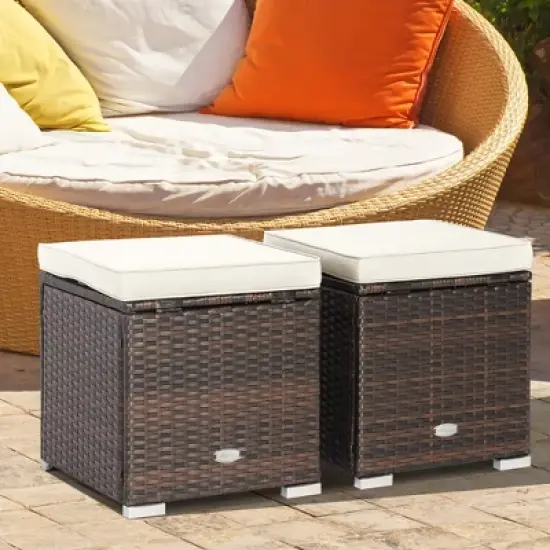 Costway 2PCS Patio Rattan Ottomans Seat Side Table Storage Box Footstool with Cushions Red/Grey/Black image {15}
