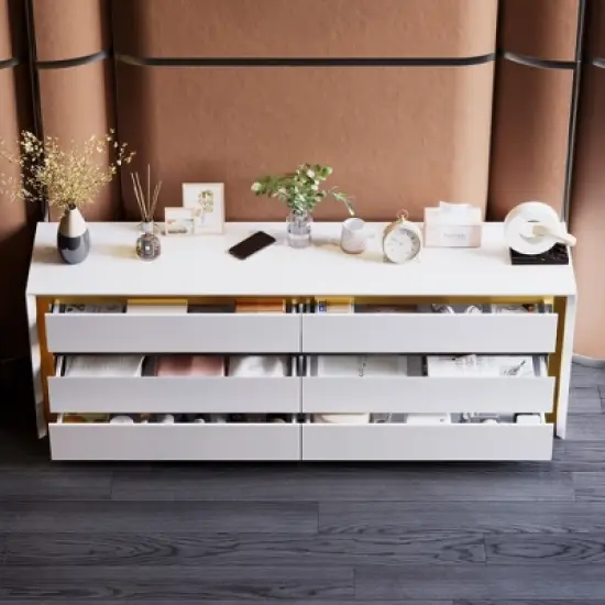 Famapy White Six Drawer Dressers Storage Cabinet Golden Inlaid Contemporary Style image {1}