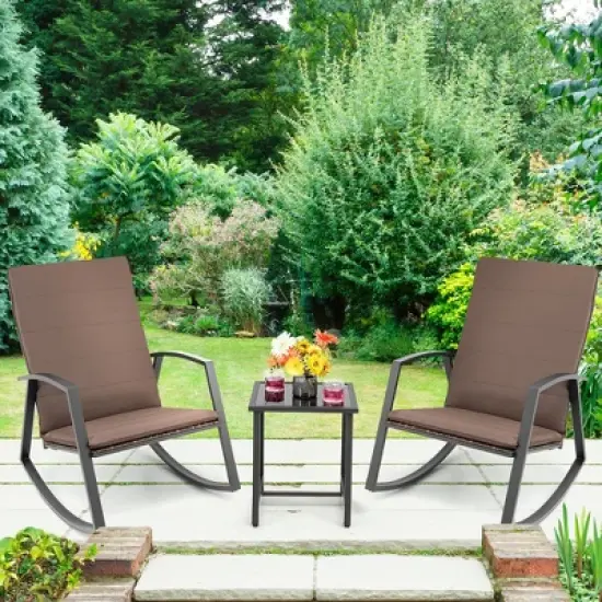 Costway 3PCS Patio Rattan Rocking Chair Table Furniture Set Yard Cushion image {10}
