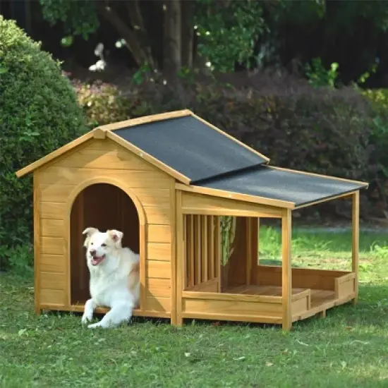 Whisen All-Weather Large Dog House & Dog Kennel with Asphalt Roof, Porch, Waterproof Door Curtain, Dual Openings - Natural image {15}