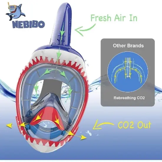 NEBIBO Kids Snorkel Face Mask Snorkeling Detachable Camera Mount - Blue - Small, Snorkel Sets, Ages 6+ image {2}