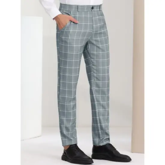 Lars Amadeus Men's Slim Fit Flat Front Plaid Business Formal Pants image {1}