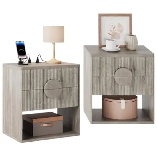 Whizmax Fluted Nightstand with Charging Station - 2 Drawers + Open Shelf, Modern Wood Bedside Table for Bedroom & Living Room Storage image {9}