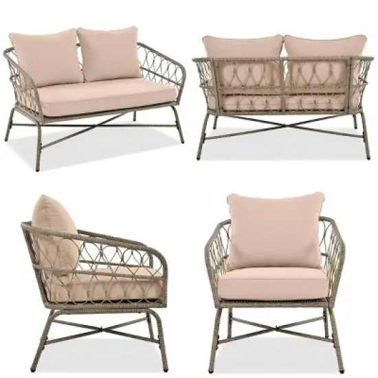 4-Piece Patio Sofa Set, Outdoor Bohemian Wicker Conversation Set with Beige Removable Cushions and Wood Tabletop-Maison Boucle image {4}