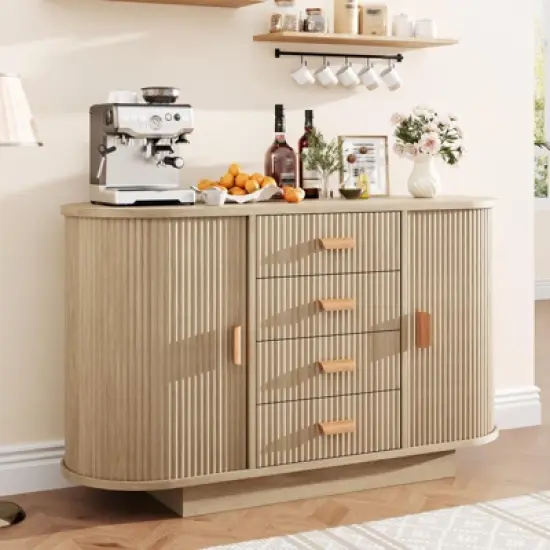 Modern Fluted Sideboard Buffet Cabinet with Storage, Wood Modern 47" Kitchen Storage Cabinet Buffet Table Coffee Bar with Doors image {7}